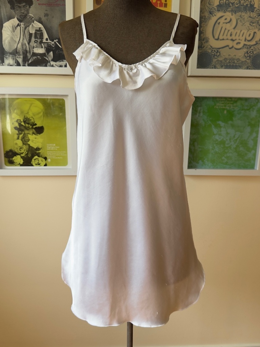 White Satin Ruffle-Trim Slip Mini Dress | Spaghetti Strap Lingerie | 90s/Y2K